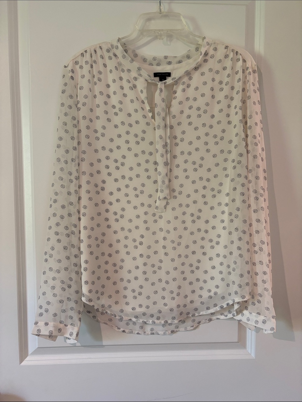 Ann Taylor Cream Tie-Neck Blouse with Black Dot Print